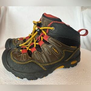 KEEN Kids' Water Resistant Hiking Boots Brown w/ Red/Yellow Accents Size10 H1007